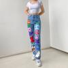 Trendy High-Waisted Loose Fit Printed Graffiti Women's Straight-Leg Jeans, Rainbow Denim Pants Loose Graffiti Printed