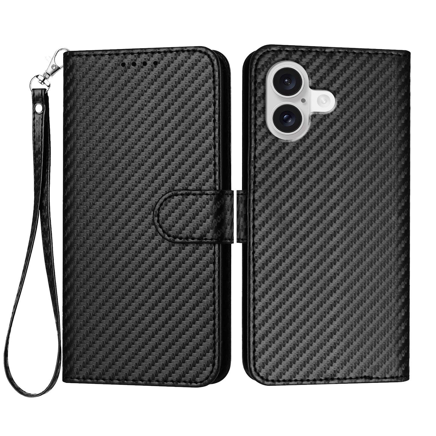 

For iPhone 17 Wallet Case with Strap Carbon Fiber Texture Leather Mobile Cover Black