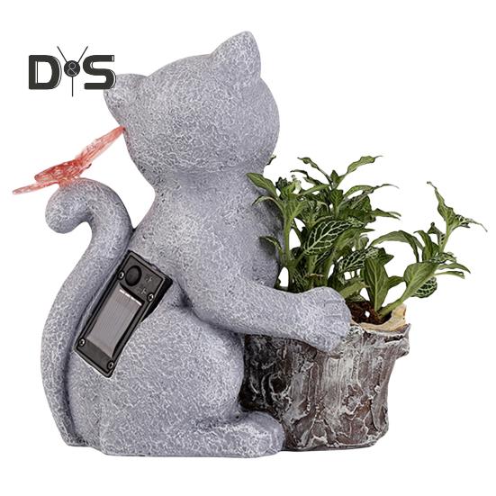 Solar Garden Blomsterpotte Kattestatue med LED-sommerfugl Vanntett Plantekrukke Kattunge Resin Figur Skulptur Utendørs veranda Hage Plendekorasjon