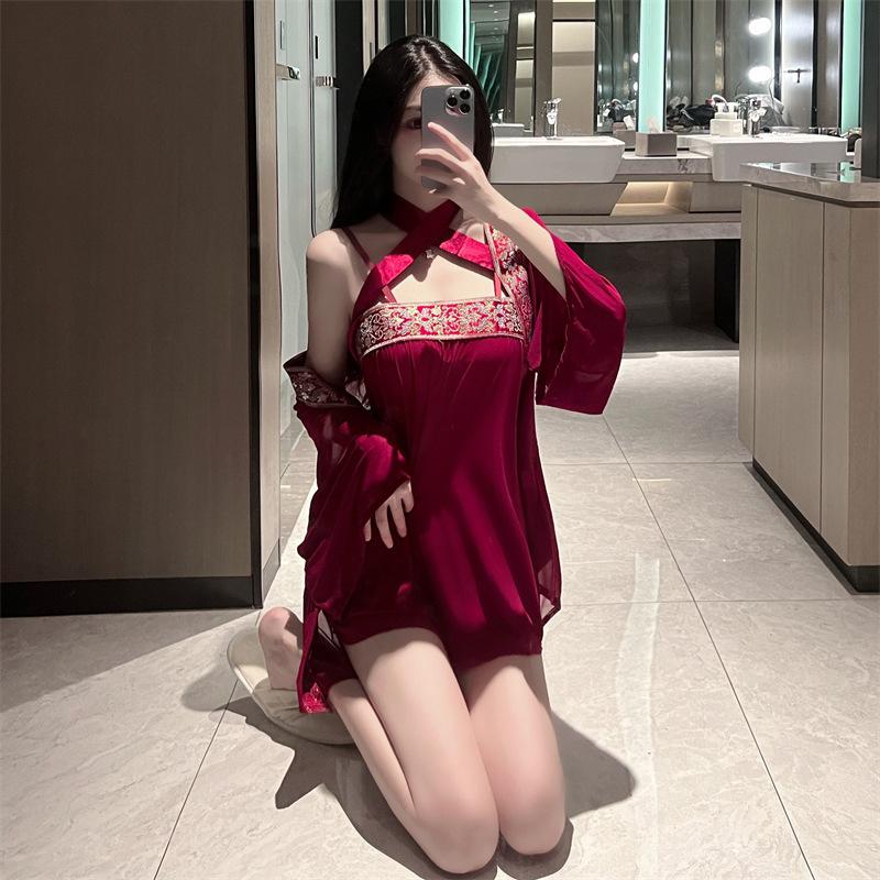 Sexy underwear sexy three-piece uniform set perspective soft yarn antique red tube top skirt outer blouse Hanfu
