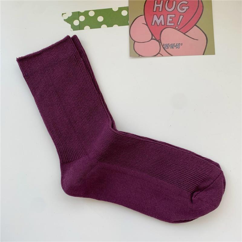 Bomull Ensfarvede Sokker for Kvinner, Høst Tynne Tynne Stripete Frotte-sokker for Kvinner, Midt-legg Sokker