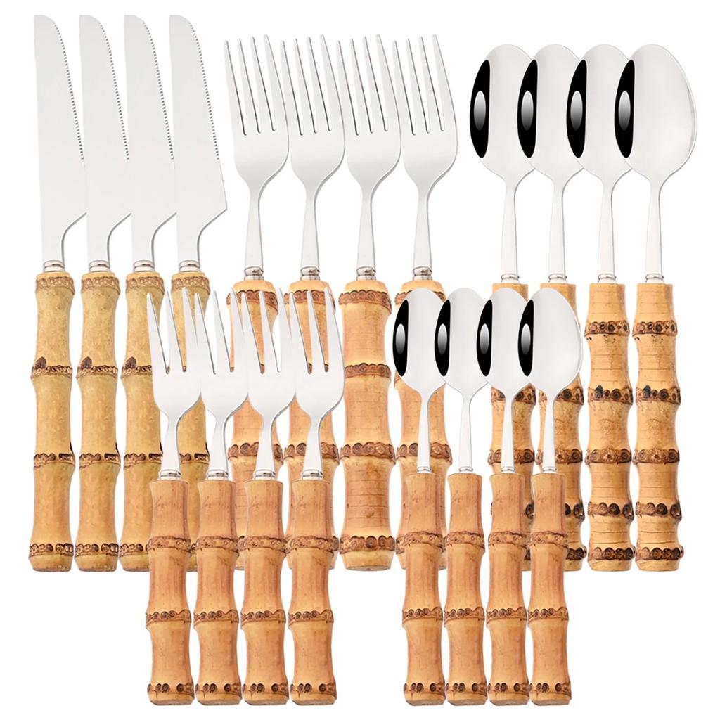 20Pcs Mirror Stainless Steel Cutlery Set Wood Bamboo Root Handle Dinnerware Knife Spoon Cake Fork Tableware Kitchen Silverware