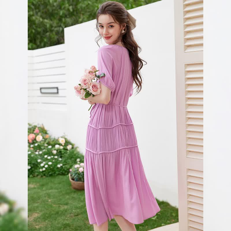 French V-Neck Pleated Maxi Dress