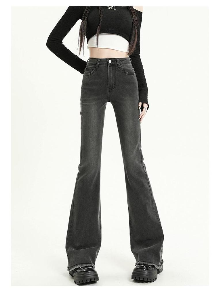 2025 Frühling Damen Retro High-Waist Slim Fit Schlagjeans mit offenem Saum