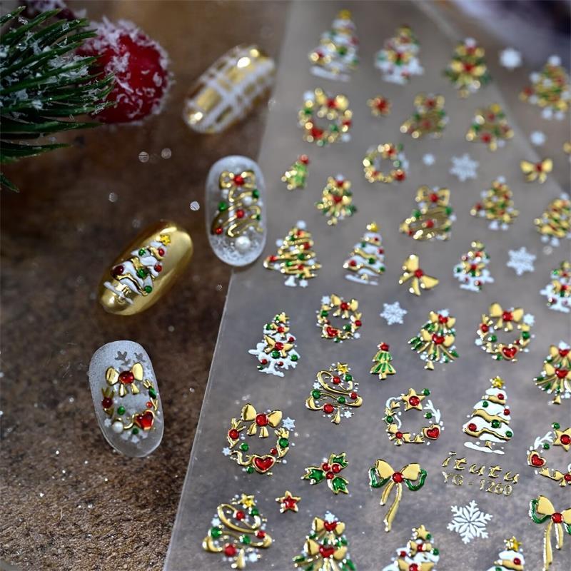 Roztomilý Vánoční Styl Barevná Světla Puntíkovaný Vánoční Stromeček Nálepky na Nehty Mašle Vánoční Tisk Reliéfní Nálepky Dekorace Nehtů