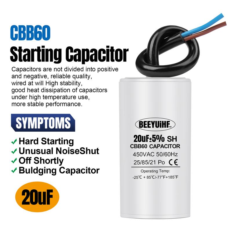 

1Pcs CBB60 Starting Capacitor 3uF~80uF Motor Capacitor 50 / 60Hz 450VAC with cable for electric motor/washing machine 3uF 34x65mm