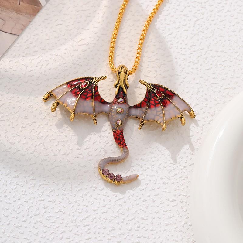 Exaggerated Retro Enamel Cartoon Dragon Pendant Necklace with Rhinestones
