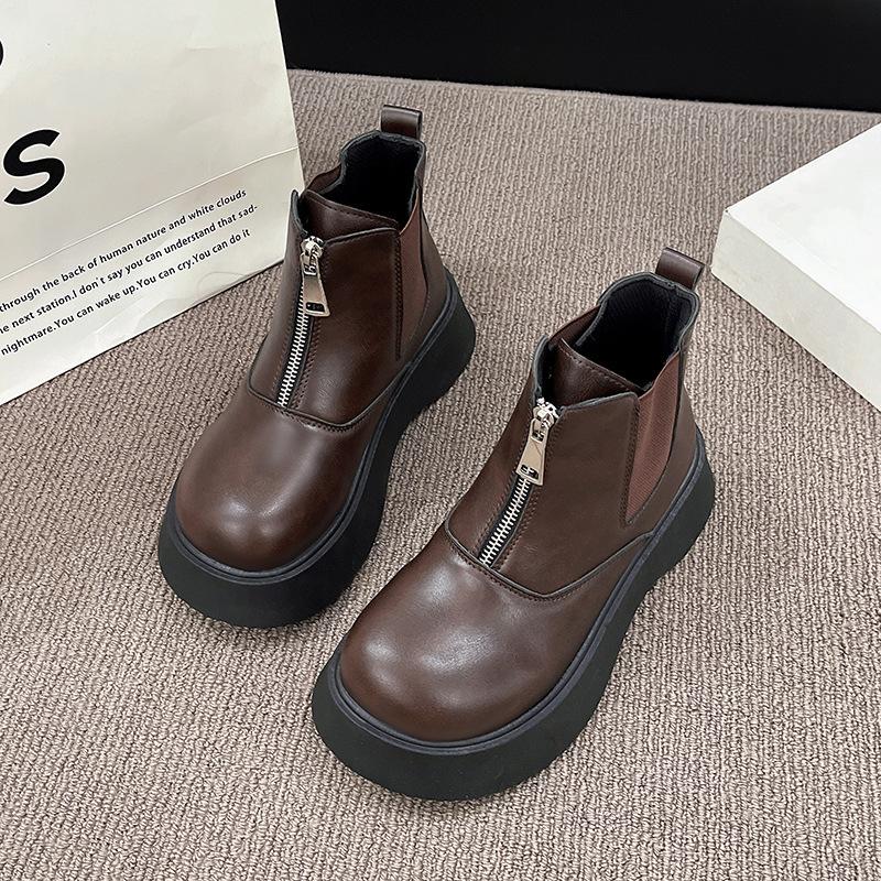 Thick-soled Martin boots women's autumn retro versatile Chelsea short boots zipper heightening thin boots