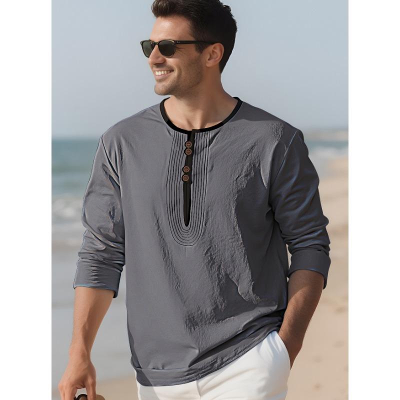 Men's Casual Henley Neck Long Sleeve Tunic Top with Pleated Detail