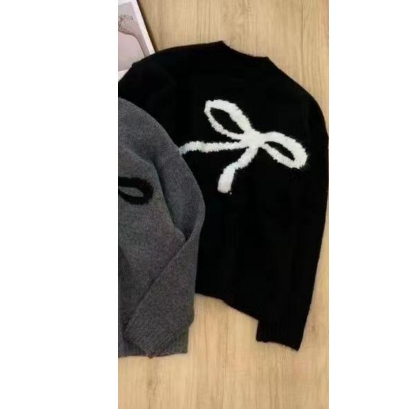 Elegant Korean O-neck Bow Tie Pattern Sweet Pullover Sweater Autumn Women Long Sleeve Casual Knitted Top Loose Fashion Winter Simple Knitwear