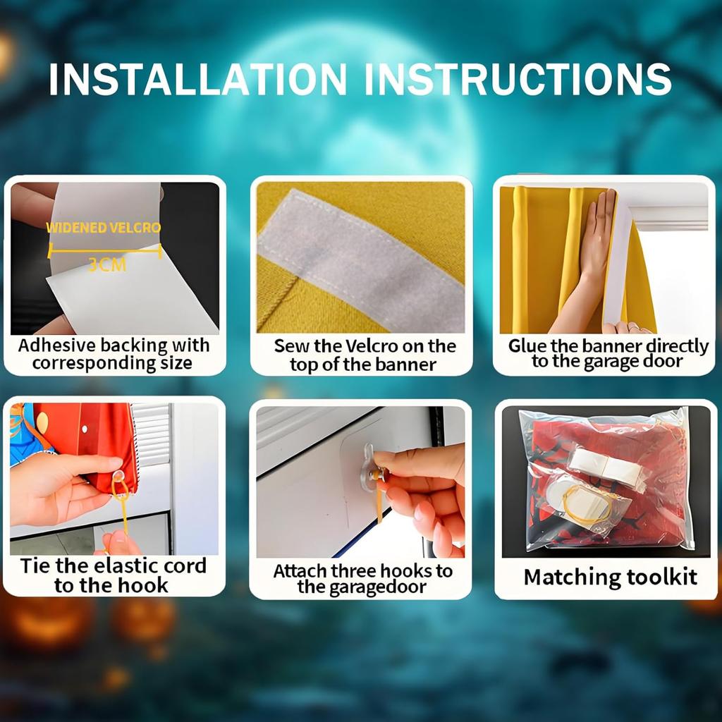 Halloween Garage Door Cover Banner, 16 X 7FT Large Hanging Backdrop Door Cover Horror Haunted Cemetery House Pumpkins Halloween Garage Wall