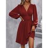 Autumn Winter V Neck Lantern Sleeve Pleated Waist Dress