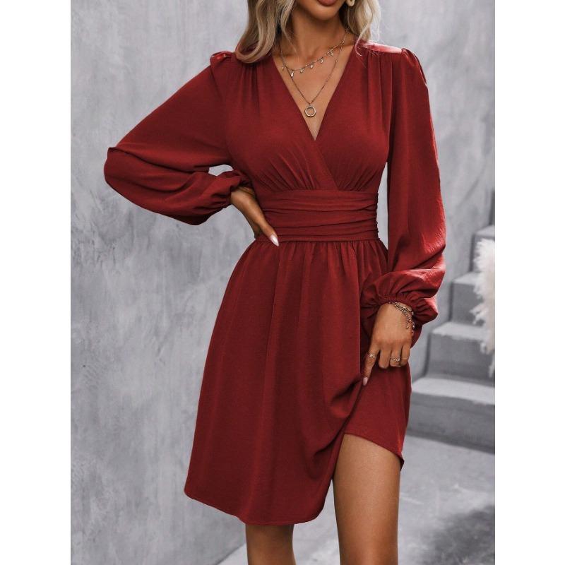 Autumn Winter V Neck Lantern Sleeve Pleated Waist Dress