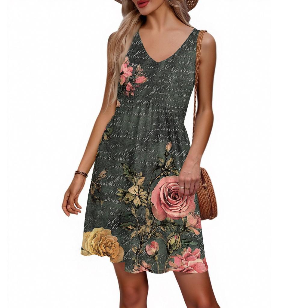 Women's Summer V-neck Casual Beach Vacation Style Retro Floral Print Sleeveless Patchwork Dress