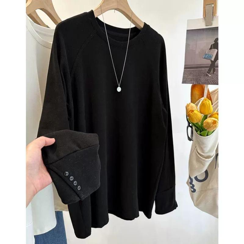 German Velvet Spliced Cuff Buttons Brushed Long-sleeved T-shirt Women's Autumn and Winter Thickened Bottoming Top