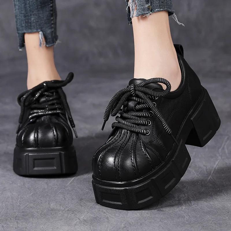 Fashion 7CM New Spring Autumn Women Retro Platform Big Toe Genuine Cow Leather Lace-Up British Style Thick High Heel Casual Single Shoes