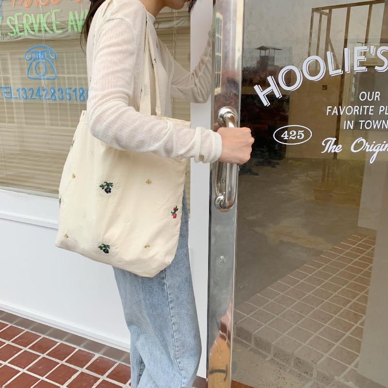 2 Bags Women's Embroidered Flower Canvas Bag Trendy Girl Shoulder Underarm Bag College Student Cloth Bag