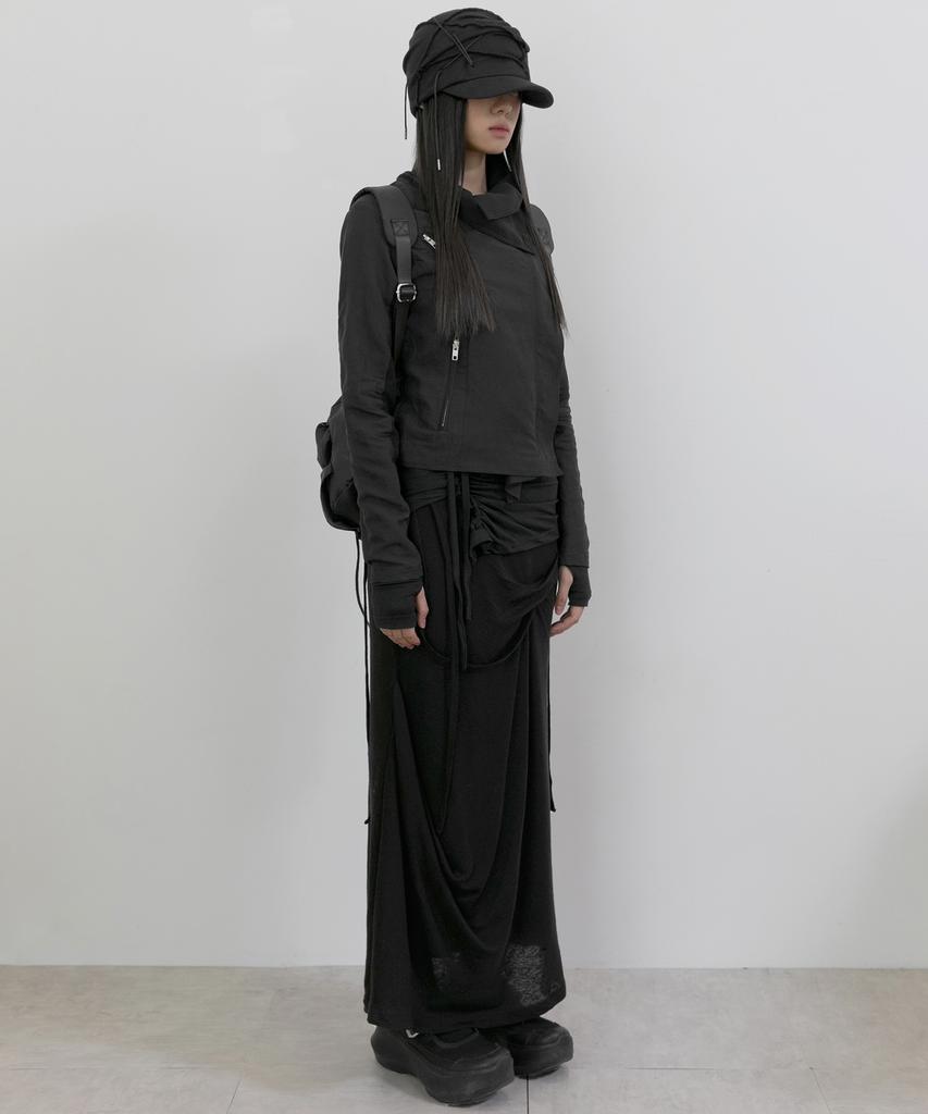 Peulleeoeob Asymmetrical Draped Long Skirt (Fl-263_Black)