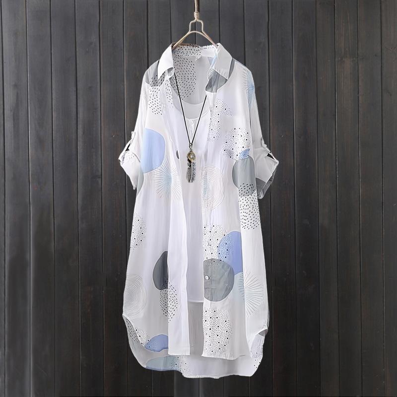 Women's Shirt Casual Thin Open Stitch Mid Length Summer Thin Coat Loose Plus Size Sun Protection Long Sleeve Printed Blouse