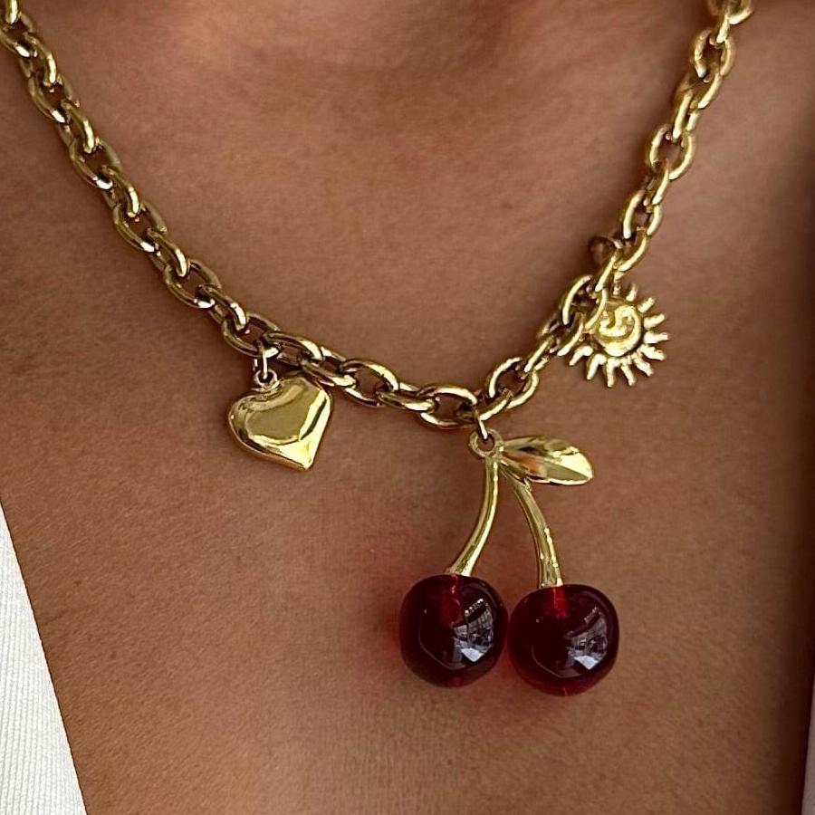 Cherry Girl Red Pearl Pendant Earrings & Bracelet Necklace Set - Titanium Steel with Color Retention