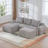 Modular Corduroy Sofa for 3 People (with 2 Stools), Freely Combinable, Including Drink Holder and Storage Pocket, Ideal for Living Room. Light Gray