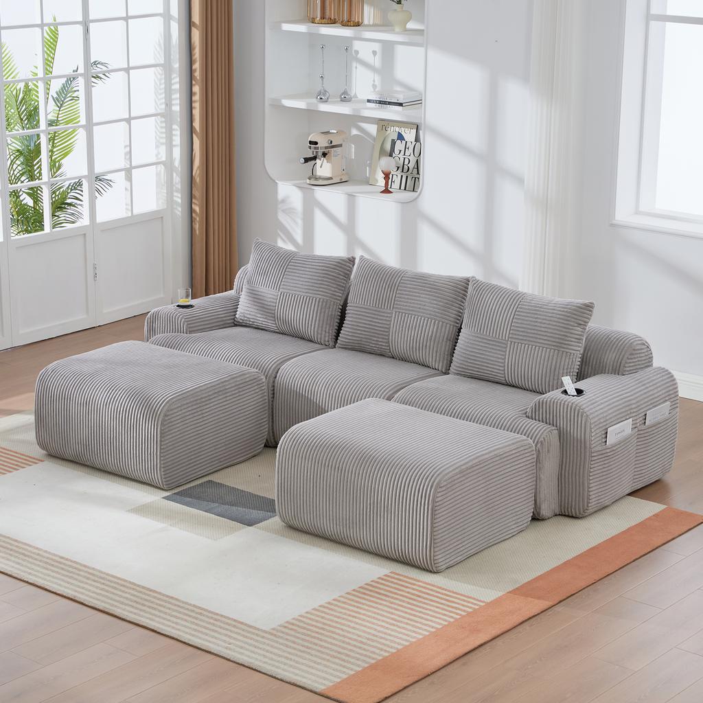 Modular Corduroy Sofa for 3 People (with 2 Stools), Freely Combinable, Including Drink Holder and Storage Pocket, Ideal for Living Room. Light Gray