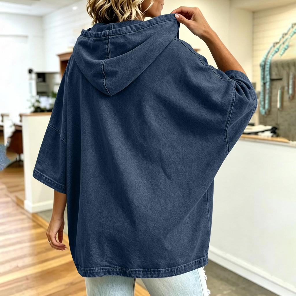 Giacca di Jeans Casual da Donna con Cappuccio e Maniche a Tre Quarti Vestibilità Larga