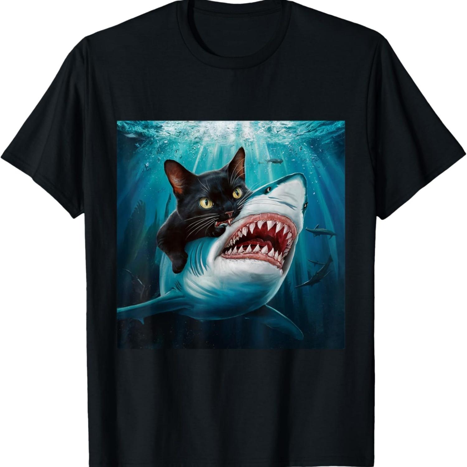 Cat Biting Shark Funny Cat Offensive Inappropriate Meme T-Shirt S чёрный