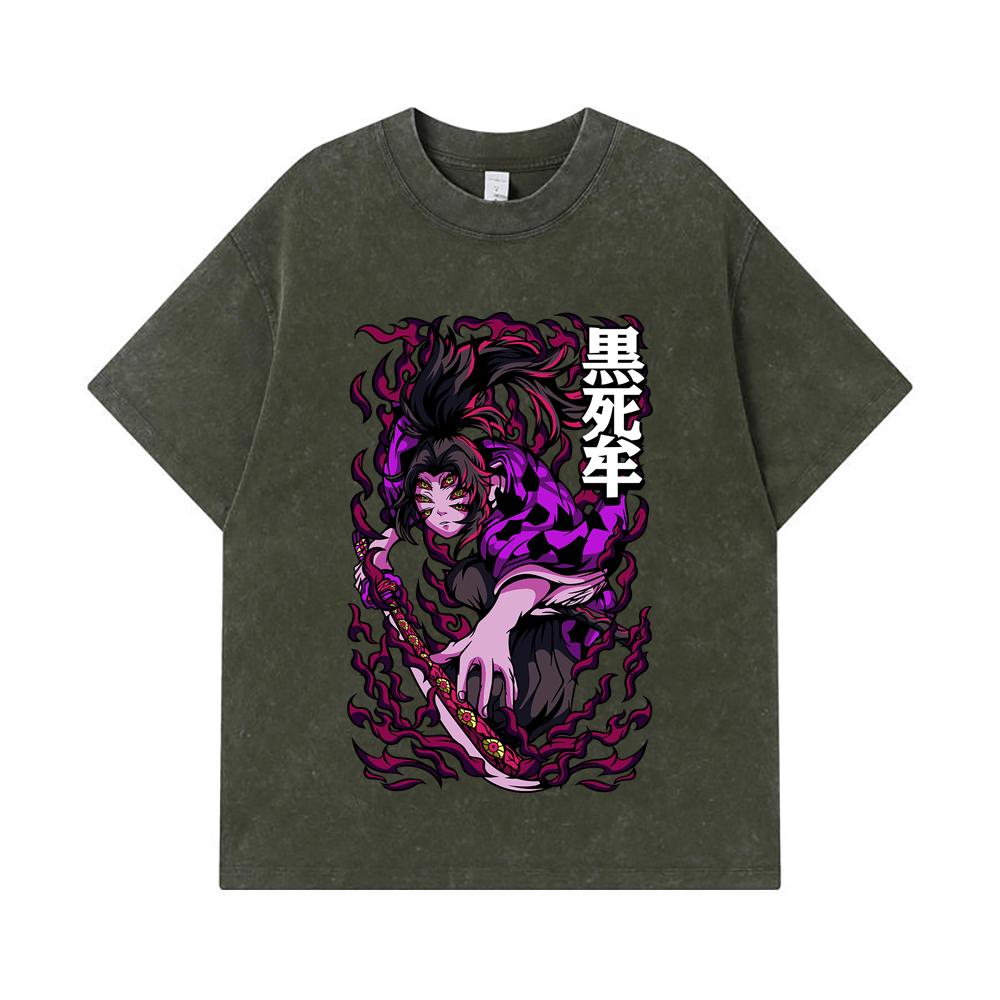 

275 GSM Washed T-shirts 100% Cotton Demon Slayer V83 Kokushibo Print Unisex Heavy Cotton T Shirt S армия зеленый
