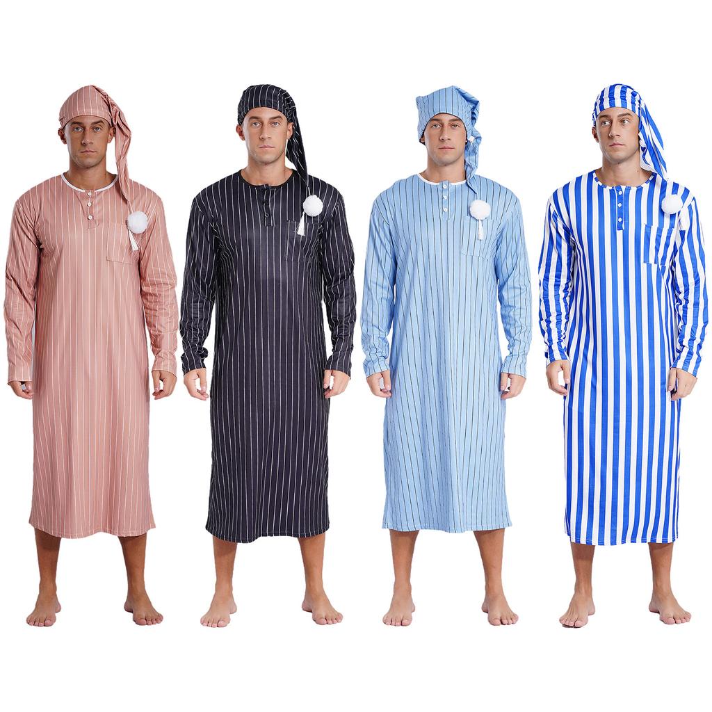 Mens Striped Nightgown Robe with Hat Long Sleeve Full Length Pompom Trim Adjustable Sleep Cap Arabian Pajamas