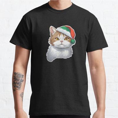 Plus Size S-3XL Christmas Cat with Santa Hat Printed T-shirt  Men's Tops Fashion Clothes Tees - Men's Summer Cotton Graphic Tee