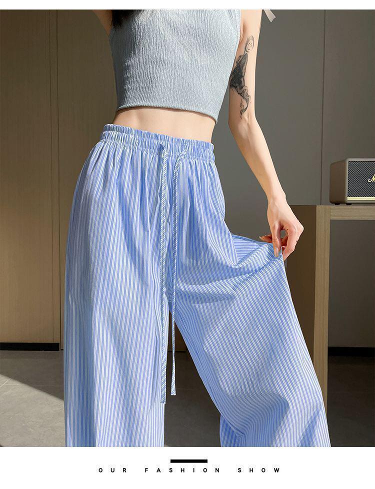 Cross-Border Vertical Stripe High-Waisted Wide-Leg Pants - Summer Straight Loose Casual Floor-Length Design.