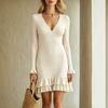 European and American Women's Clothing, Autumn and Winter New V-neck Pit Strip Knitted Dress Elastic Long-sleeved Ruffle Edge Short Skirt
