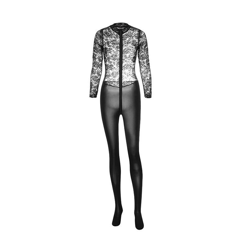 Sexy underwear women's sexy lace perspective up and down double-headed zipper open crotch tight body temptation large size free onesie