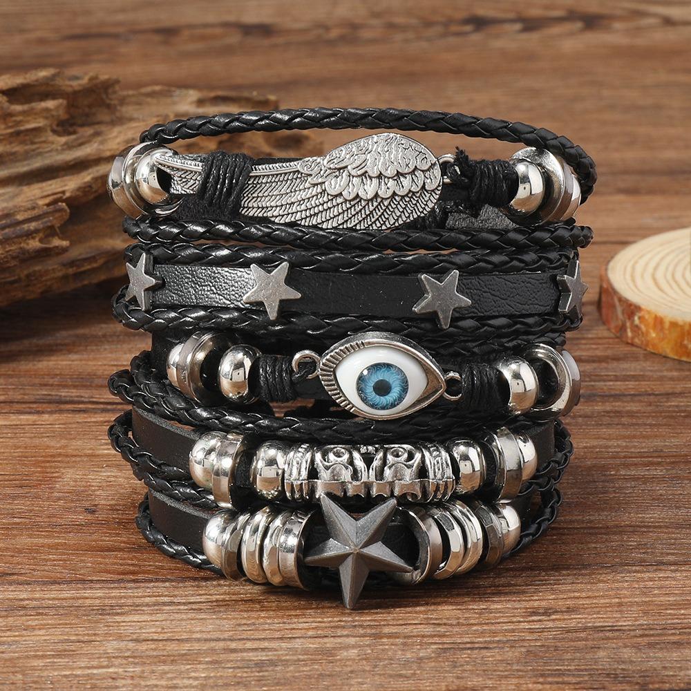 Ethnic Retro Multi-layer Devil's Eye Angel's Wings Star Black Wax Rope Leather Bracelets for Women Men Trendy Punk Jewelry Gifts