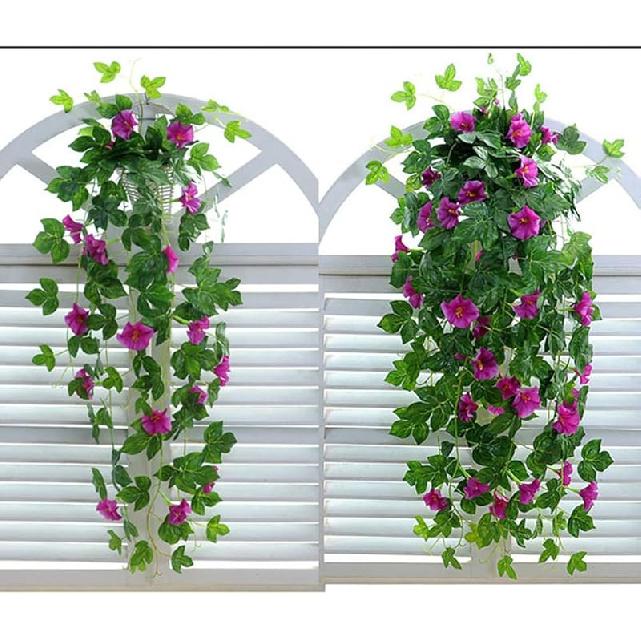 Artificial Vines 2pcs Artificial Morning Glory Trumpet Flower Vine Fake Green Plant Home Garden Wall Fence Outdoor Wedding Hanging Baskets Decor