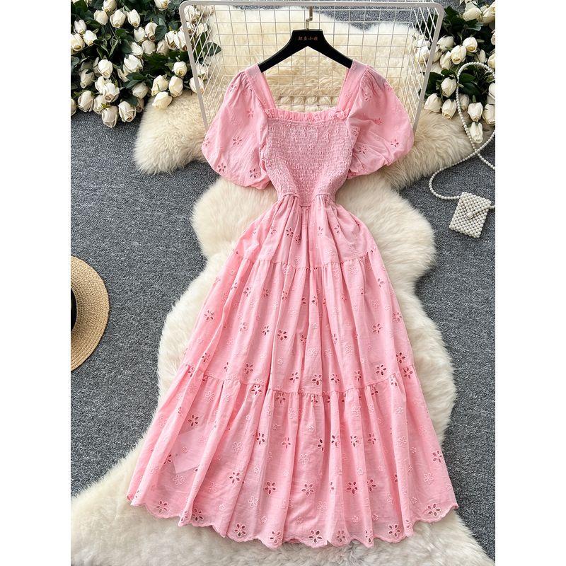 French style Gentle Chic Square Collar Puff sleeve Hollow Embroidery Dress Women Summer Waist Hugging Slimming A Word First Love Skirt