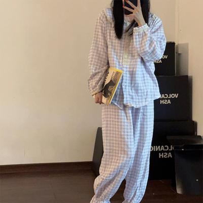 Langärmelige Pyjama-Sets für Damen O-Ausschnitt Kariert Bedruckte Nachtwäsche Pyjamas Nachtwäsche-Set Junges Mädchen Pijama-Set Femme Homewear