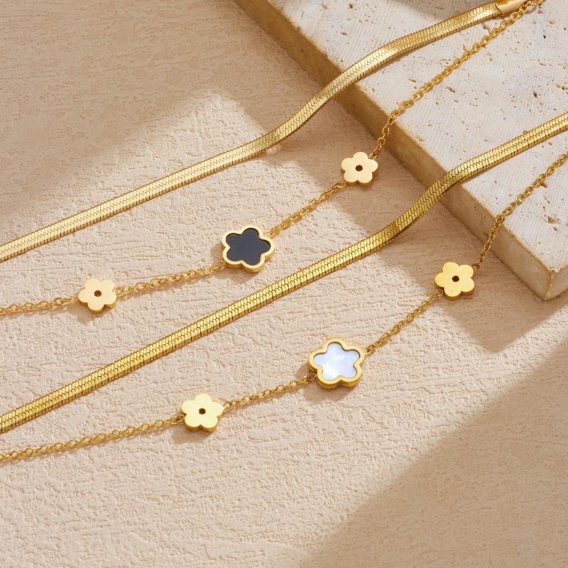 Gold Plated Double Layer Flower Bracelet, Stainless Steel Herringbone Chain Wrist Jewelry, Waterproof Dainty Bracelet for Women Gift