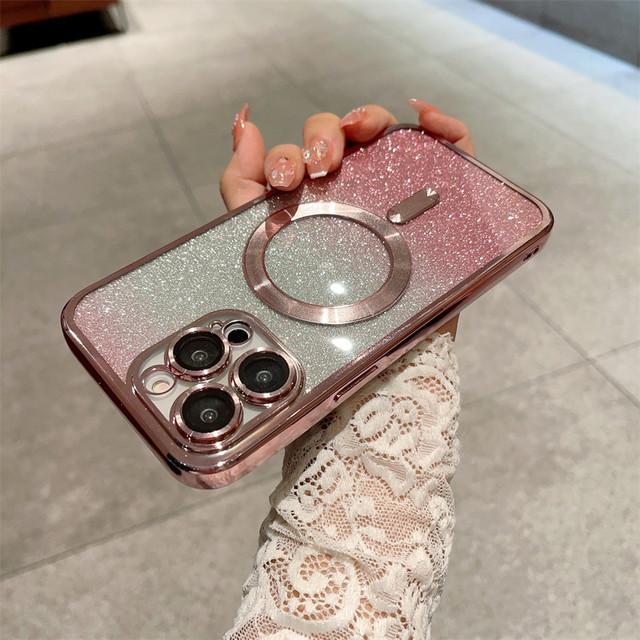 Glitzernde magnetische kabellose Ladehülle für iPhone 14 13 12 11 Pro Max Xs Max Xr X 14 Plus, stoßfeste, durchsichtige Beschichtung