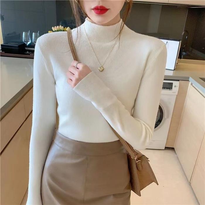 Women's Long-Sleeve Half-High Neck Base Layer Sweater for Spring and Autumn - Versatile Thin Knit Top for Inner Wear, Slim-Fit and Slimming
