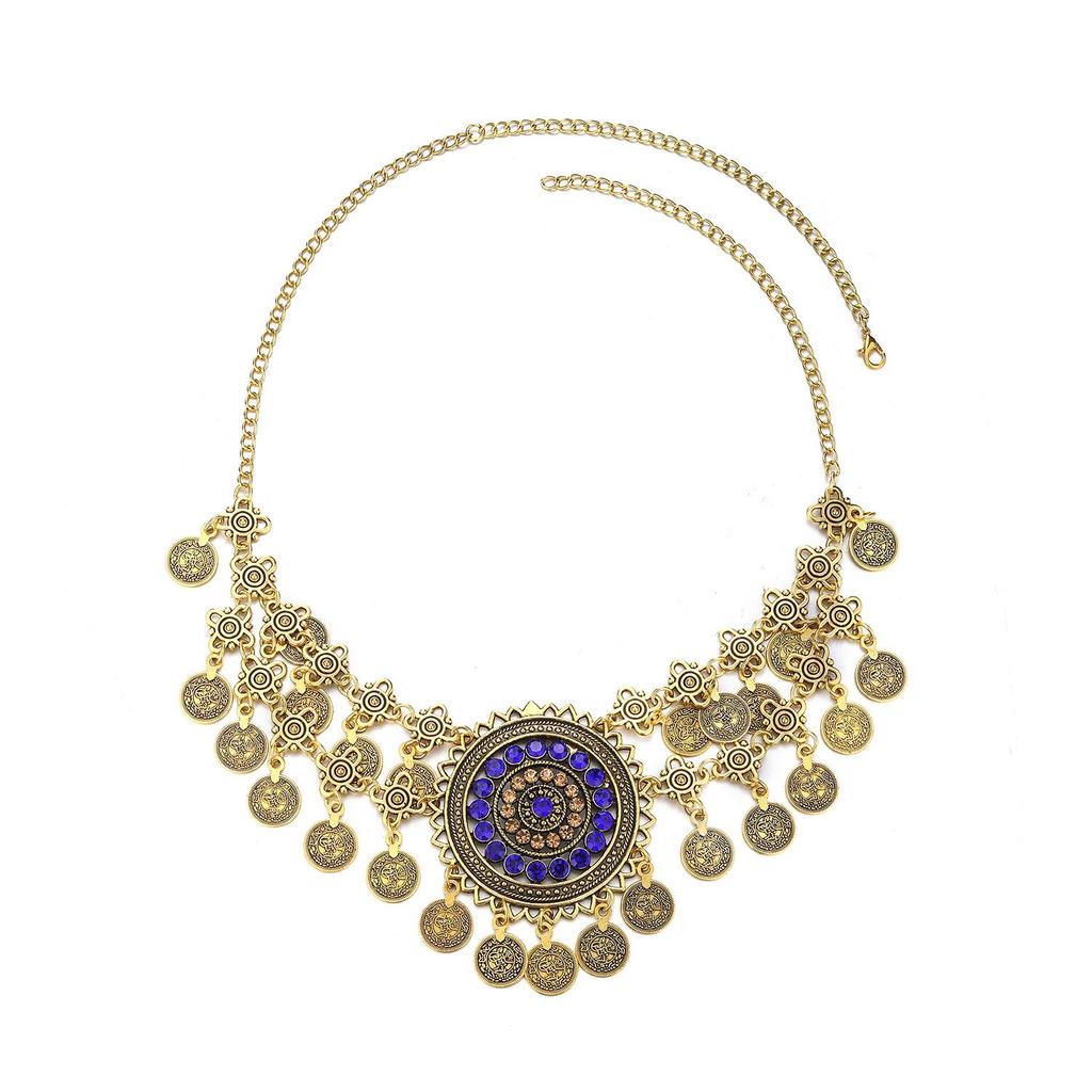 Bohemian Exotic Rhinestone Tassel Necklace & Earrings Set In Antiqued Alloy