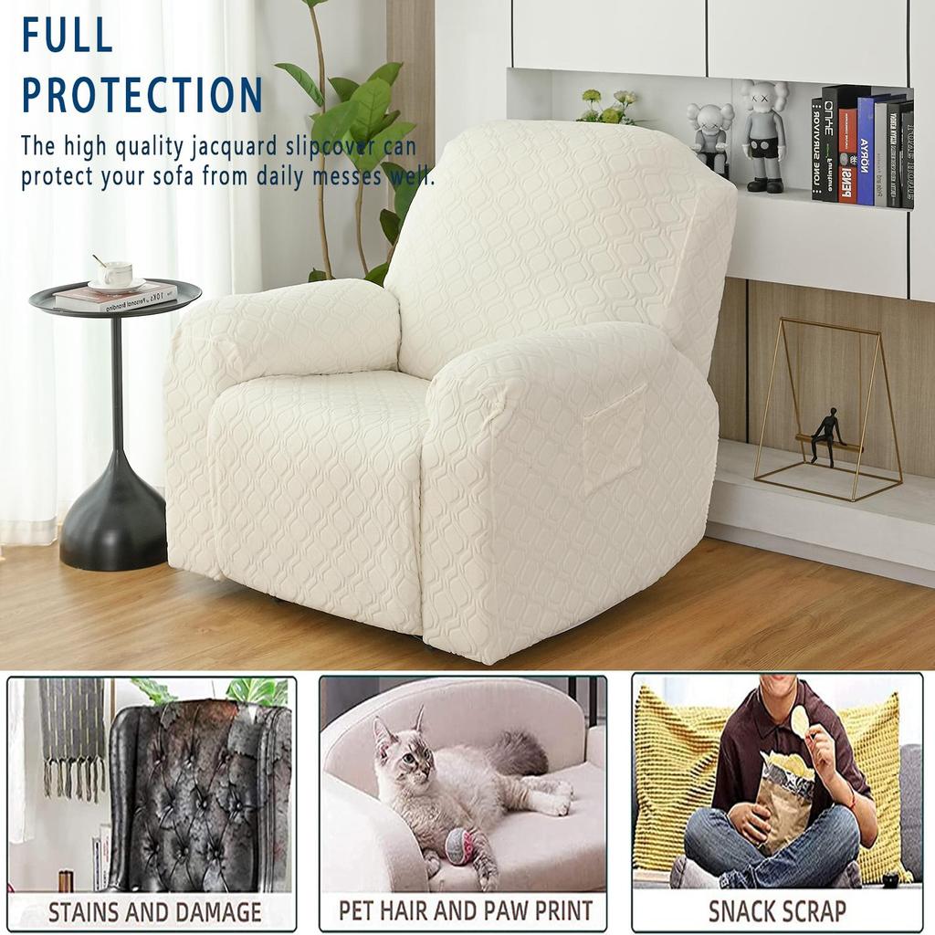 4-teiliger Stretch-Liegesessel-Überzug Jacquard-Liegesesselbezüge mit Seitentasche Rutschfest 1-Sitzer Sofa Möbelprotektoren