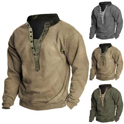 Men's Outdoor Retro Khaki Long Sleeve Neck Sports T-Shirt