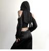 Handmade Off-the-Shoulder Distressed Hooded Women's Pullover - Irregular, Slimming, Versatile, Short Solid Color Jacket, Trendy Design.