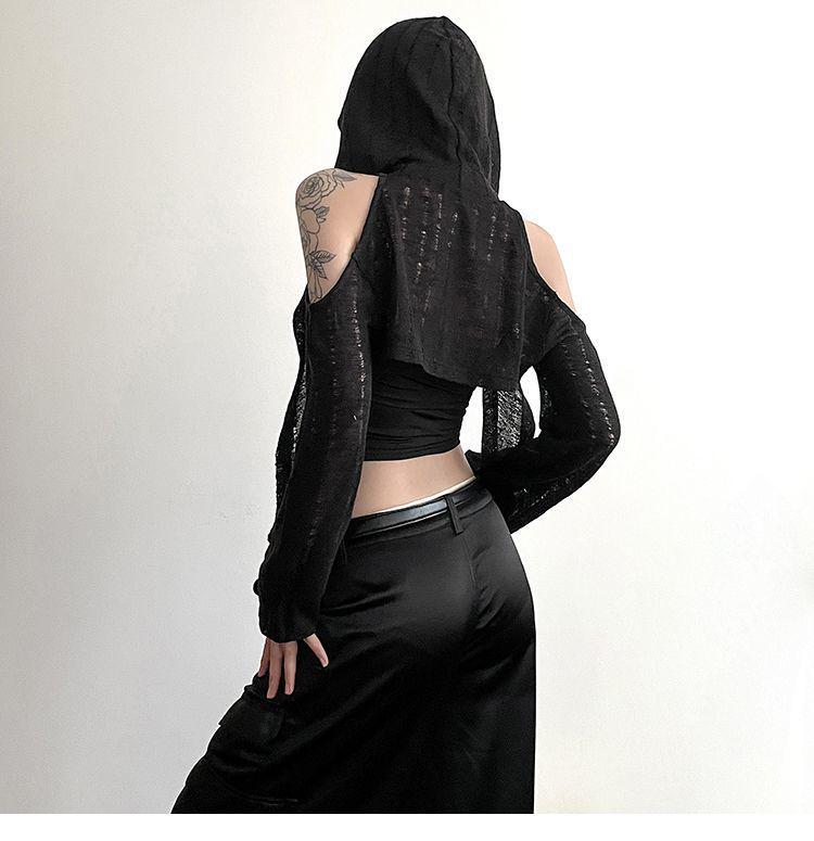 Handmade Off-the-Shoulder Distressed Hooded Women's Pullover - Irregular, Slimming, Versatile, Short Solid Color Jacket, Trendy Design.