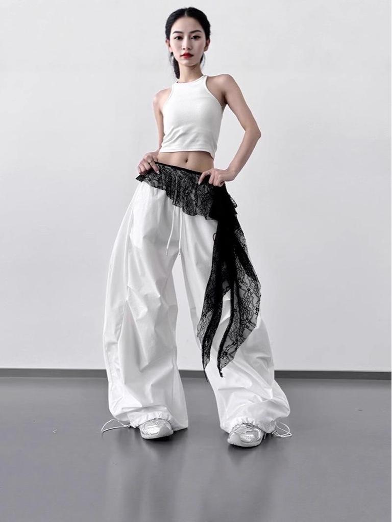 High-Waist Lace Splicing Wide-Leg Street Dance Pants for Women - Spring/Summer Casual Sportswear