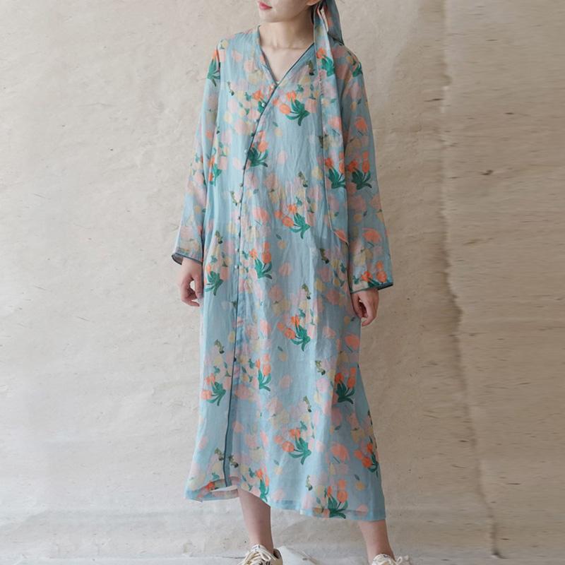 Johnature Women Vintage Print Floral Bandage Dresses V-Neck Long Sleeve High Quality Robes Spring Button Dress