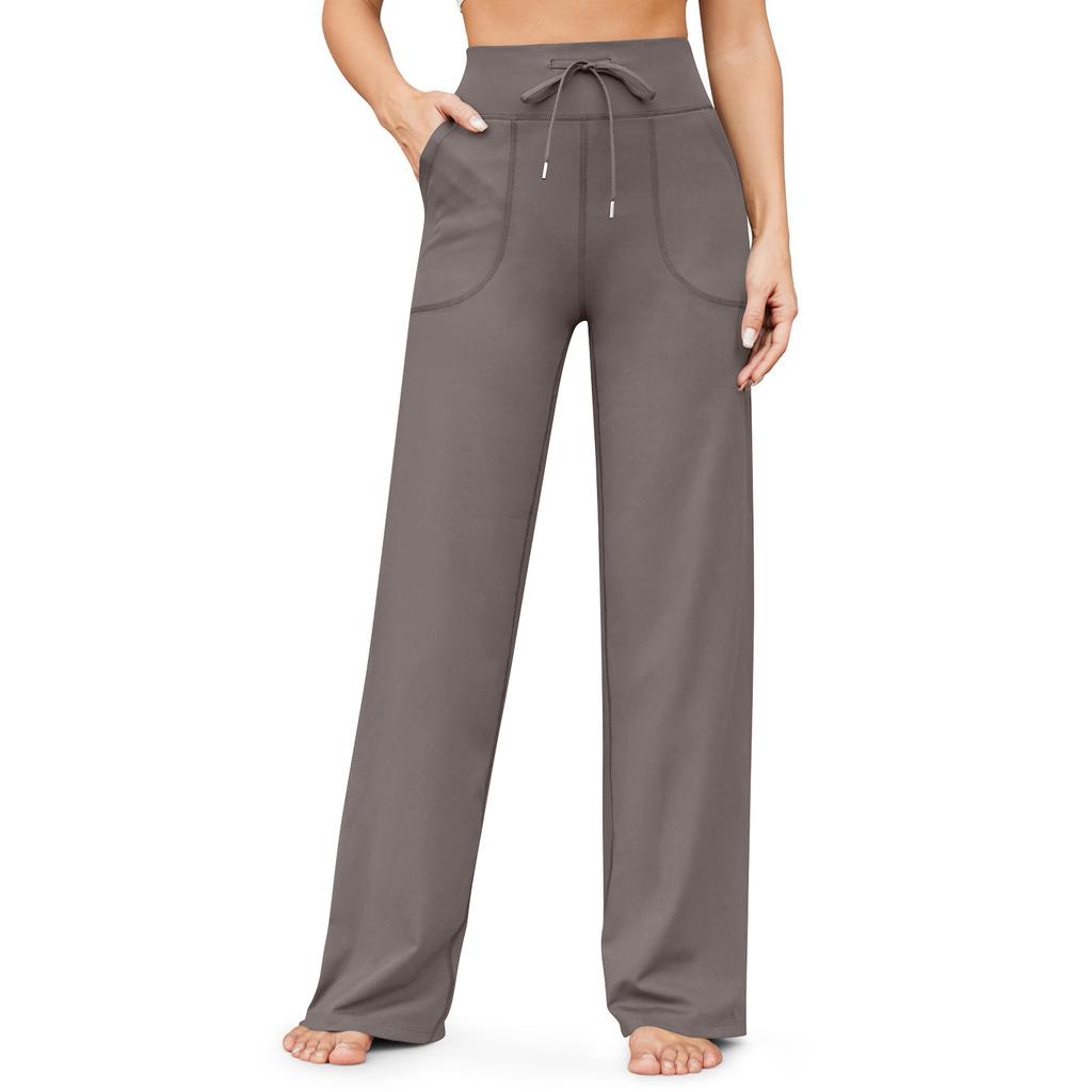 Women's High Waist Drawstring Pocket Flared Yoga Pants Solid Color Loose Wide Leg Sports Long Trousers