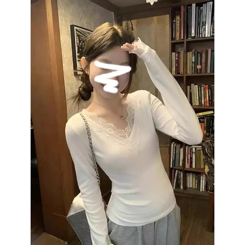 Women White Lace Trim V Neck Long Sleeve Slim Fit Top
